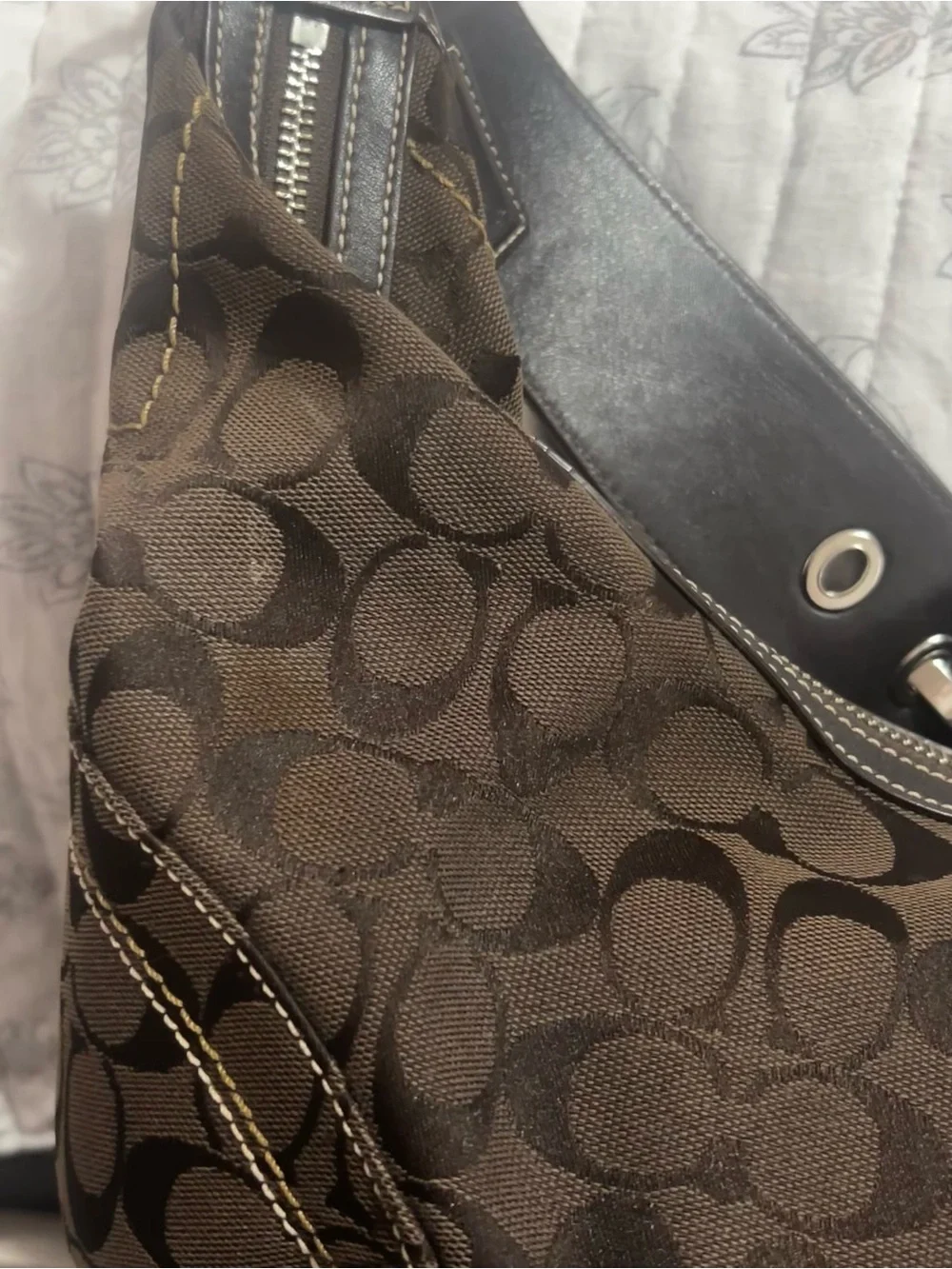 Coach Brown Signature Canvas Hobo Bag with Dark Brown Leather Trim